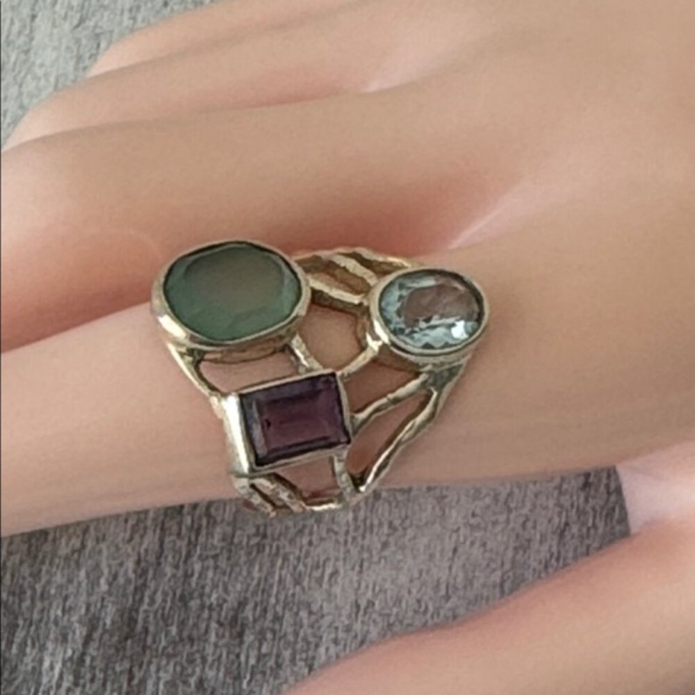 925 Sterling Silver Lacy Bezel Ring 3 Gemstones Purple, Blue & Aqua India Sz.7